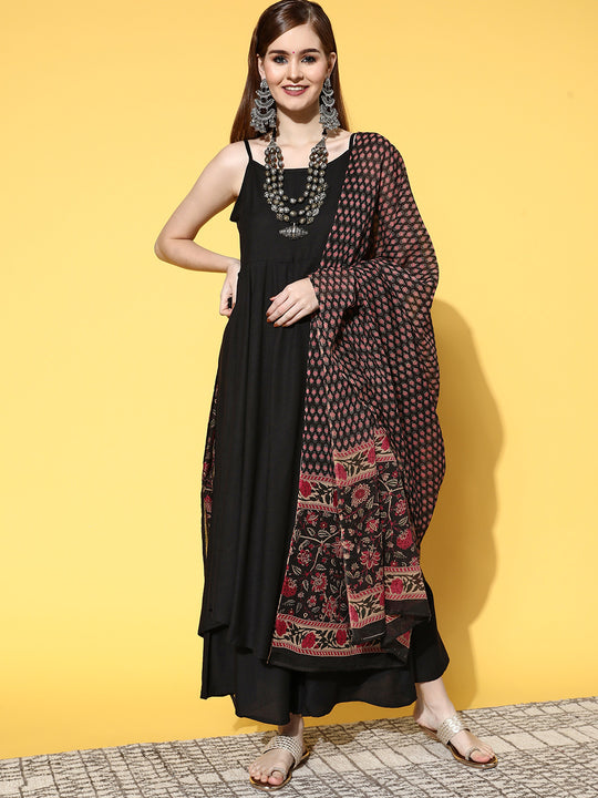 Strappy Set With Black Pink Ethnic Print Cotton Dupatta
