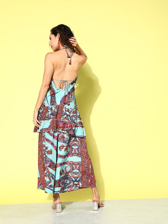 Teal Base - Orange Neck Border Backless Kurta Set