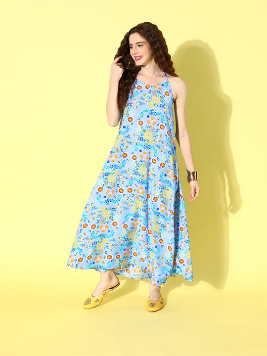 Sky Blue Print Backless Long Kurta Pant Set