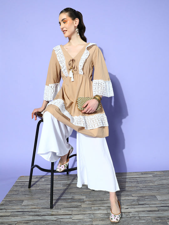 Beige Lacy Work Dress Palazzo Co-Ord Set