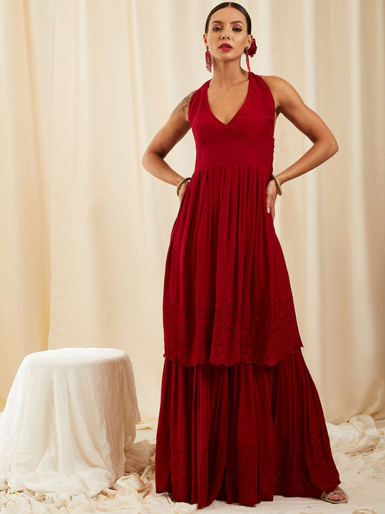 Maroon Lace Work Backless Kurta Sharara Set