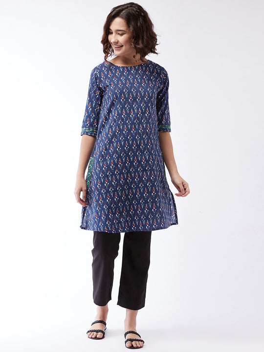 Blue Kantha Ikkat Short Kurta For Teens