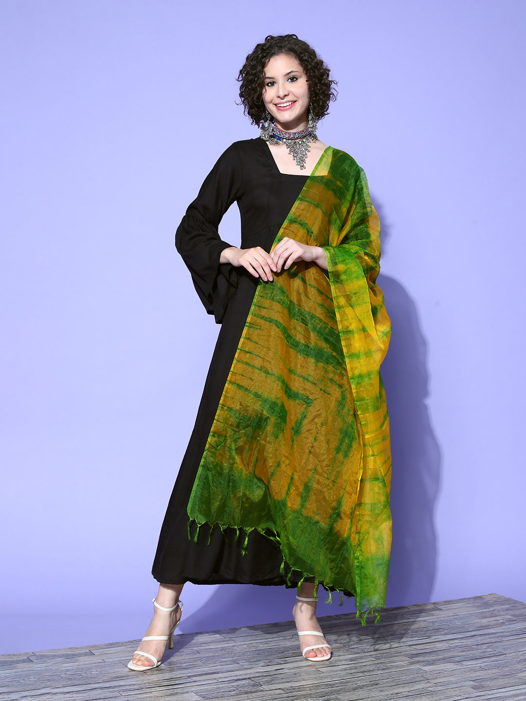 Solid Black Long Dress With Mustard Green Dupatta - InWeave Solid Black Long Dress With Mustard Green Dupatta - InWeave