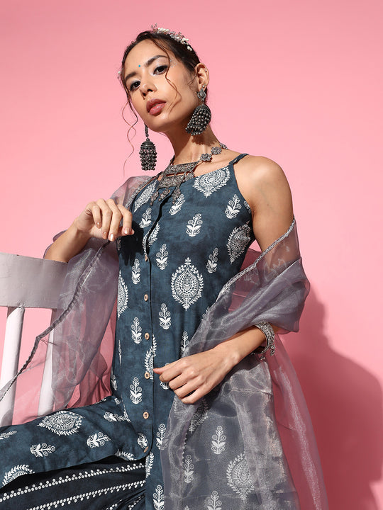 Blue White Porcelien Print Spaghetti Kurta Set W Grey Or Dupatta