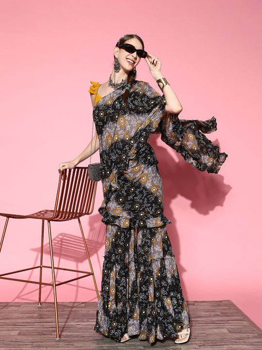 Black Bandhej Sharara Saree