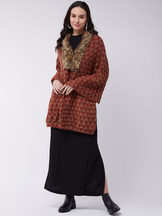 Red Geometric Faux Fur Cape