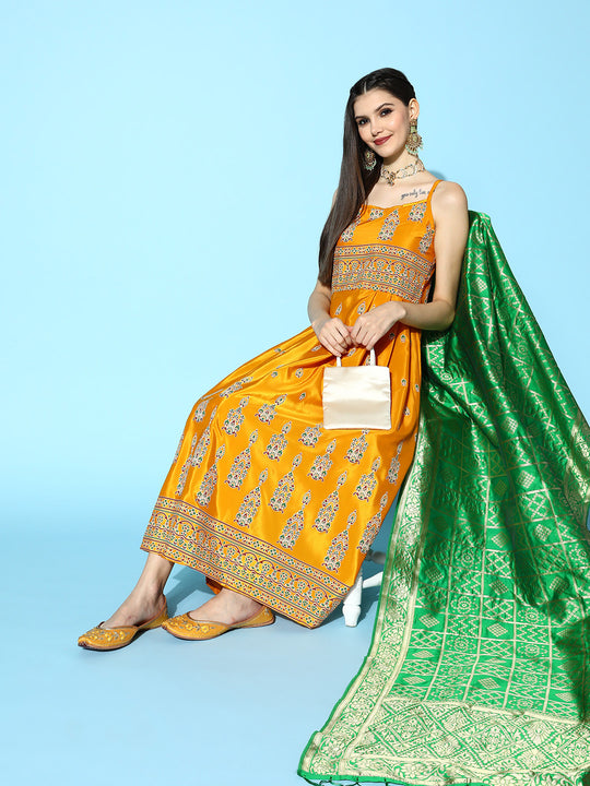 Mustard Foil Print Strappy With Green Brocade Dupatta
