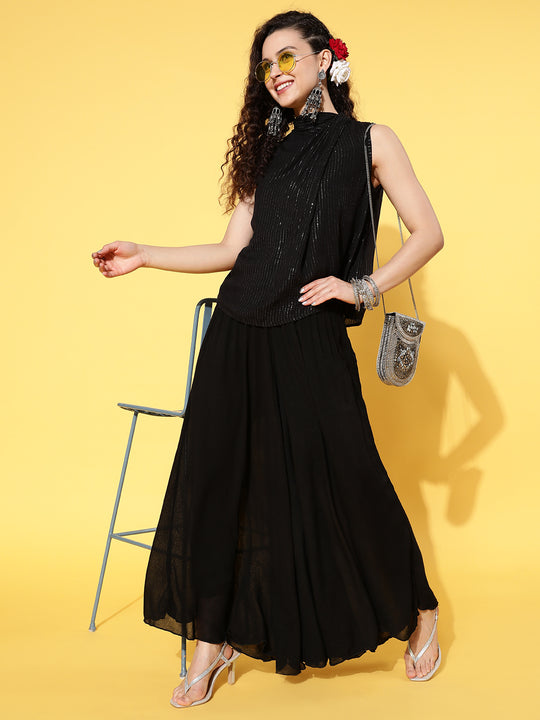 Black Lurex Top With Flared Pallazo