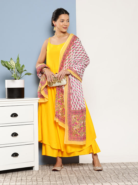 Yellow Ray Strappy Kurta Set With Printed Cotton Dupatta