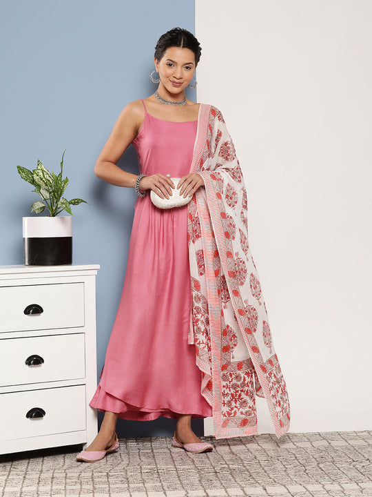 Light Pink Ray Strappy Set With Red Big Floral Cotton Dupatta