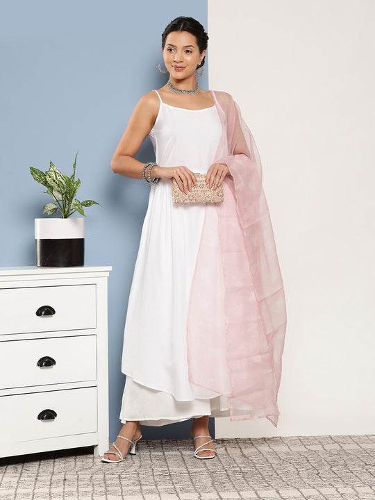 Cream Strappy With Pink White Chintz Organza Dupatta