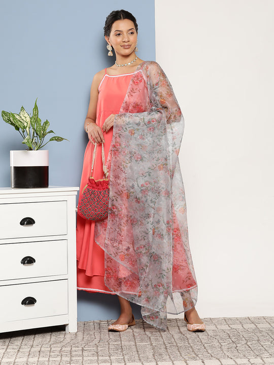 Peach Cr Strappy Set With White Organza Dupatta