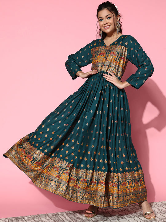 Teal Gold Border Anarkali Kurta