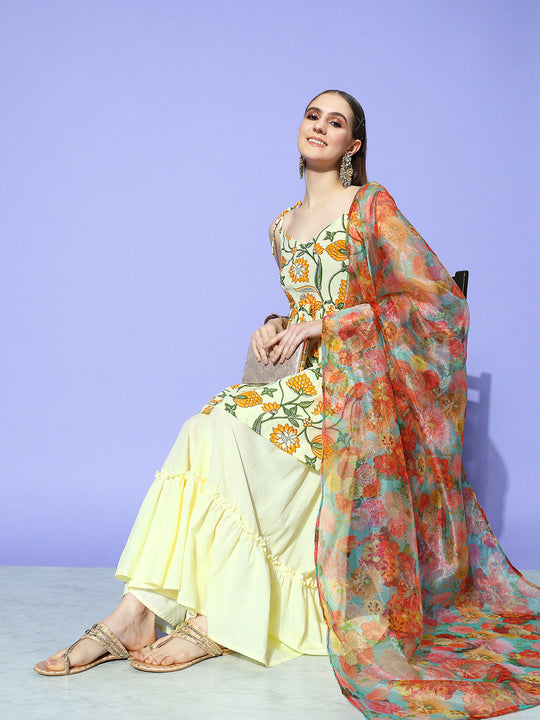Off White Yellow Floral Print Tie Up Kurta Sharara Set With Dupatta