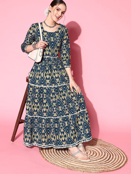 BLUE IKKAT PRINT TIERED DRESS WITH LACE