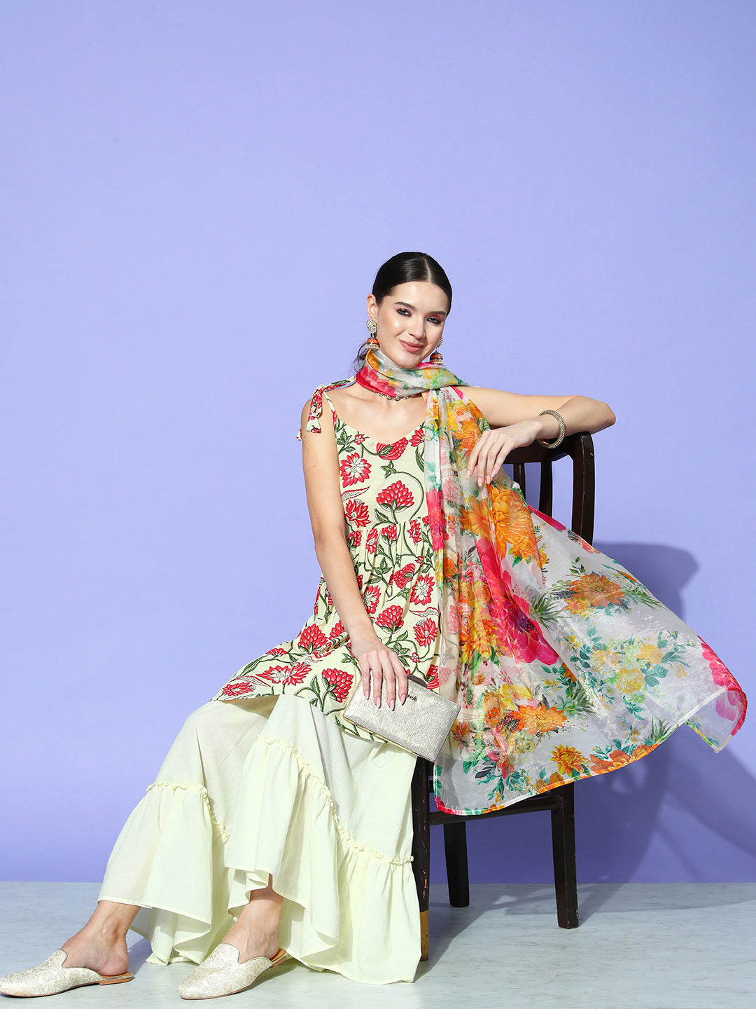 Off White Pink Floral Print Tie Up Kurta Sharara Set With Dupatta