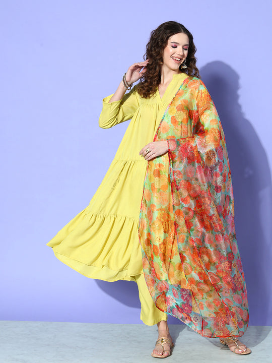 Lime Green Flared Kurta Set With Green Organza Dupatta