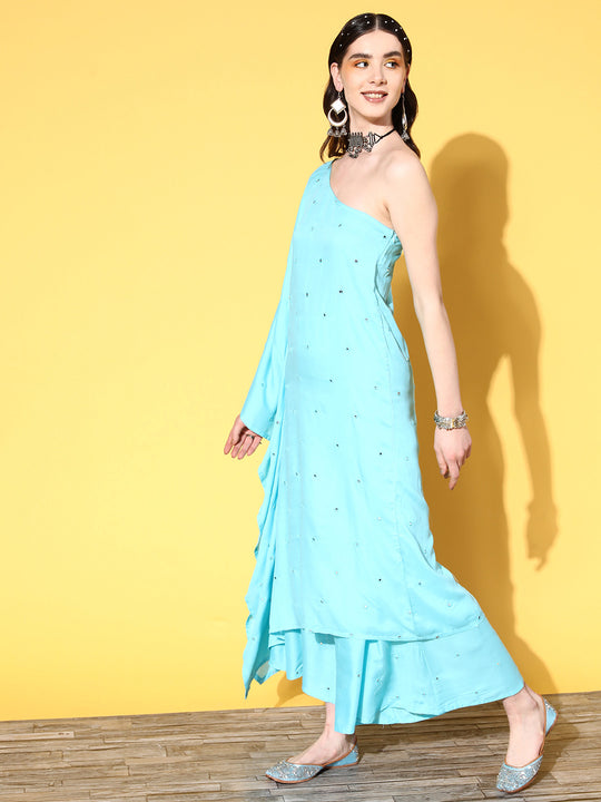 Sky Blue Mirror Work One Shoulder Kurta Set