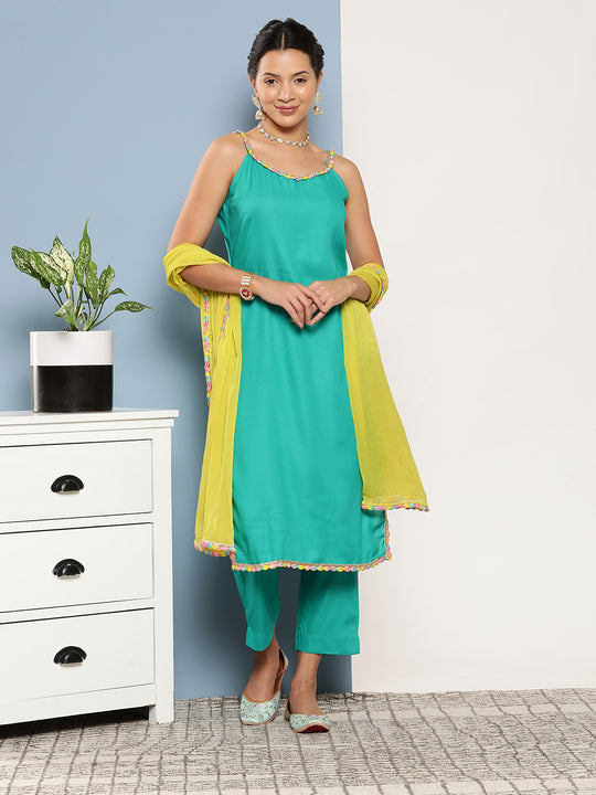 Teal Lace Work Straight Strappy Kurta Set With Lime Green Chiffon Dupatta