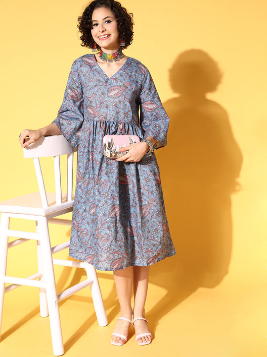 Cornflower Blue Kalamkari Dress