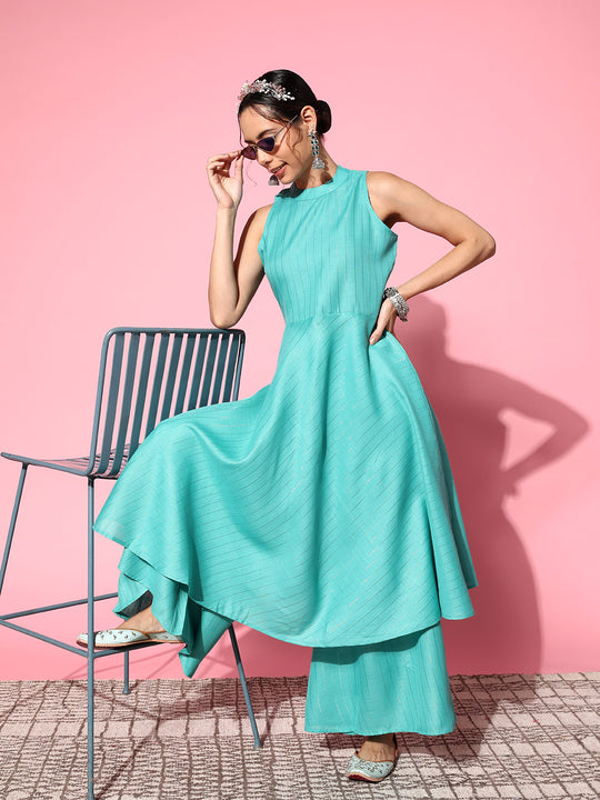 Teal Lurex Boho Sleevless Kurta Set