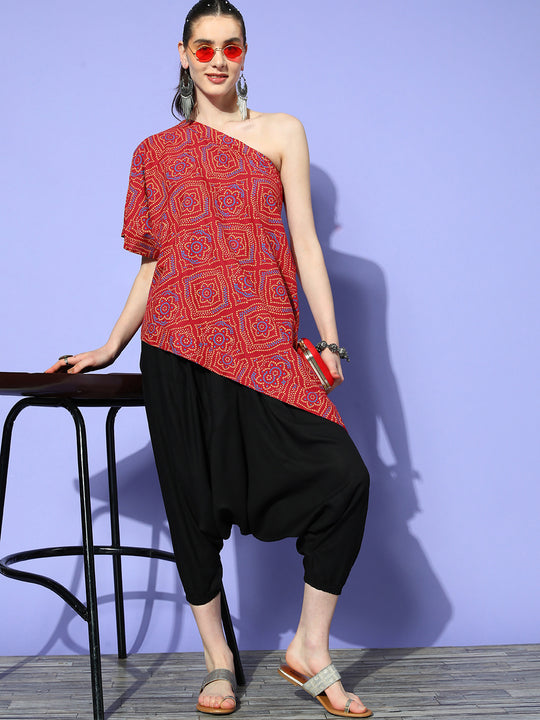 Maroon Bandhani One Shoulder Top Black Harem Set