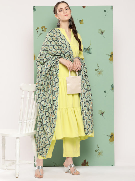 Lime Green Flared Kurta Set W Green Print Cr Dupatta