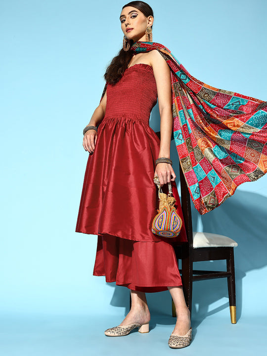 Maroon Off Shoulder Silk Kurta Set Multi Bandhej Dupatta