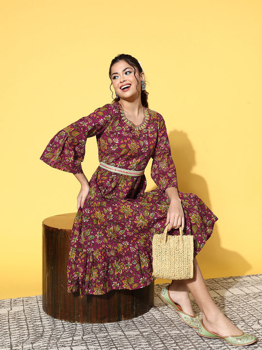 Brown Ajrakh Print Belted Dress