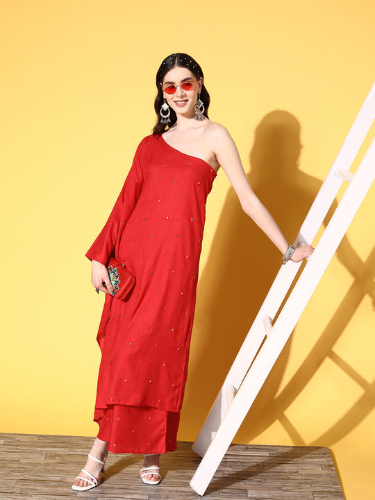Red Mirror Work One Shoulder Kurta Set