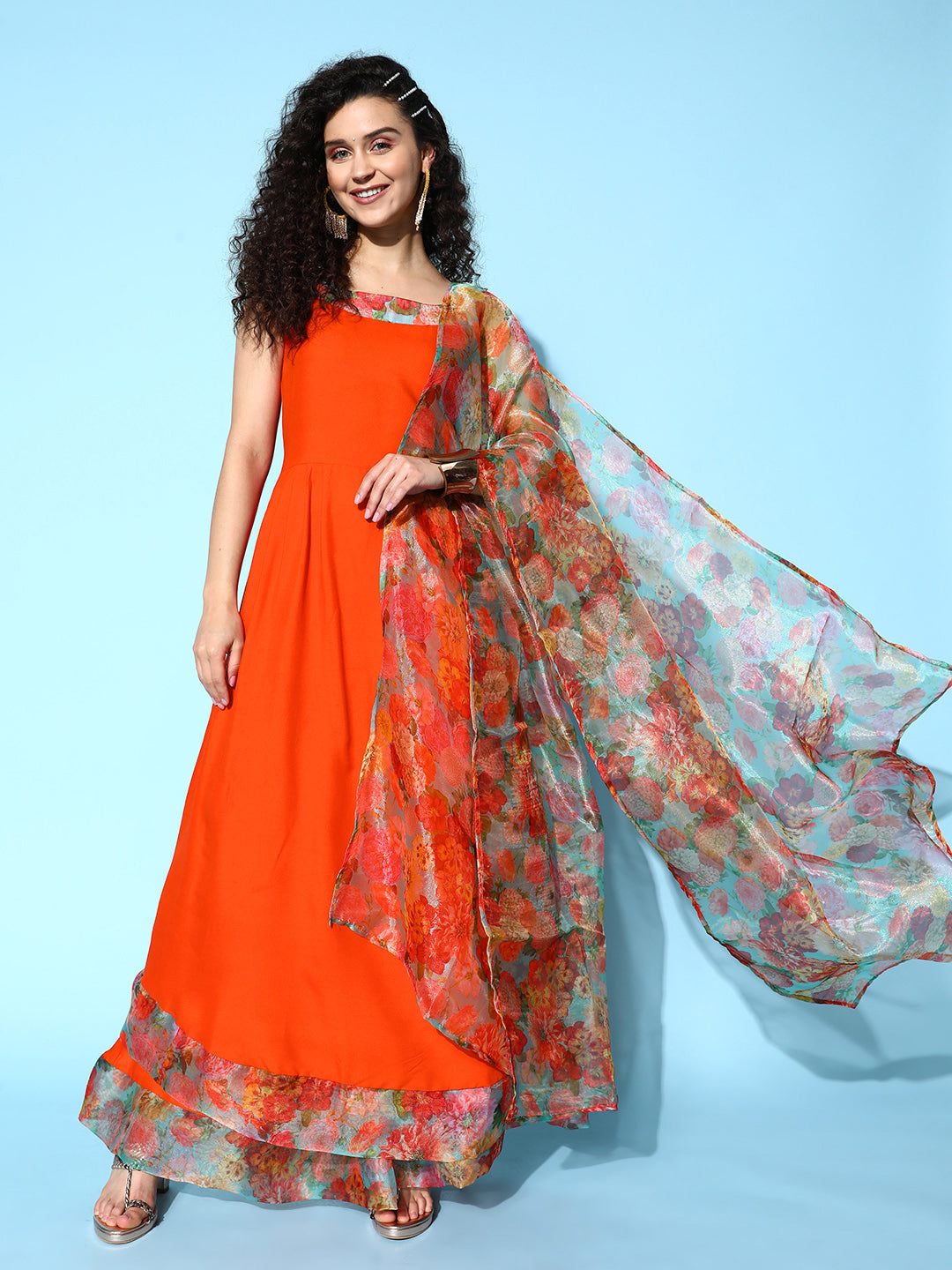 Orange Strappy Organza Border Kurta Set With Dupatta