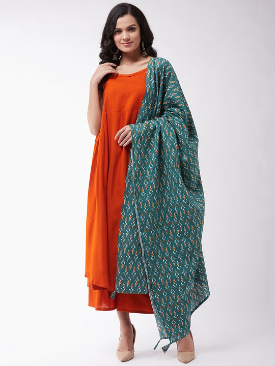 Orange Strappy Kurta Plazzo Set With Green Kantha Dupatta