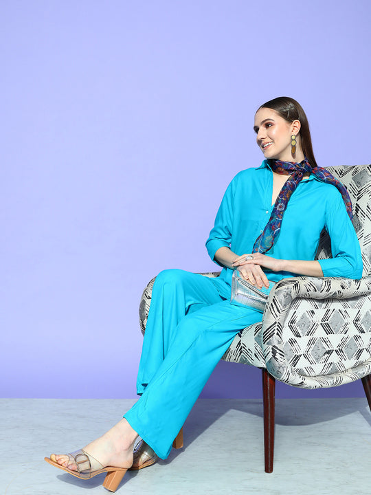 AQUA BLUE COORD SET WITH INDIGO KALAMKARI SCARF