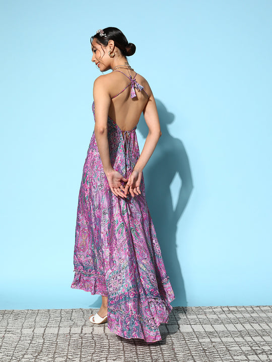 Pink Paisley Print Back Detail Long Dress