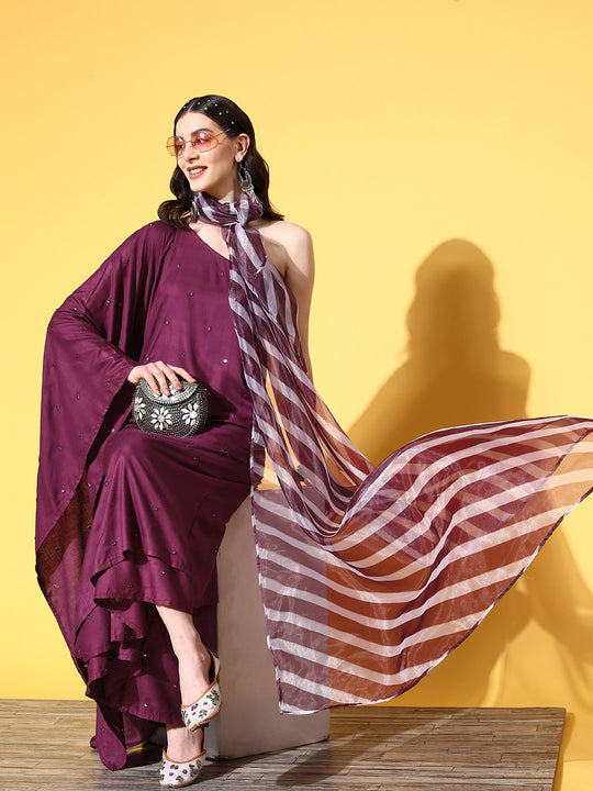 Wine Mirror Work One Shoulder Kurta Set With Dupatta