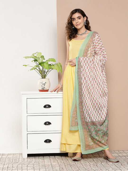 Light Yellow Ray Strappy Set With Aqua Printed Border Dupatta