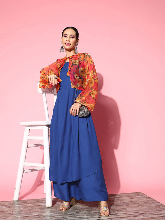 INK BLUE STRAPPY SET WITH PINK MUSTARD PRINT SHORT ORGANZA CAPE