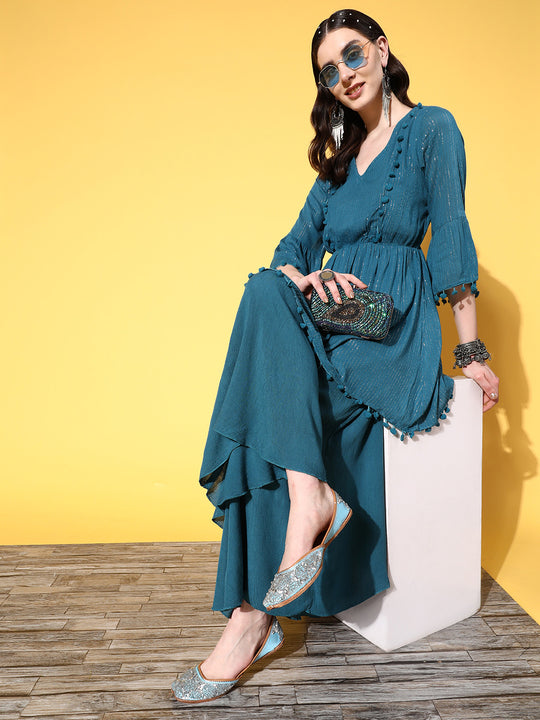 Teal Lurex Lace Dress Palazzo Co-Ord Set