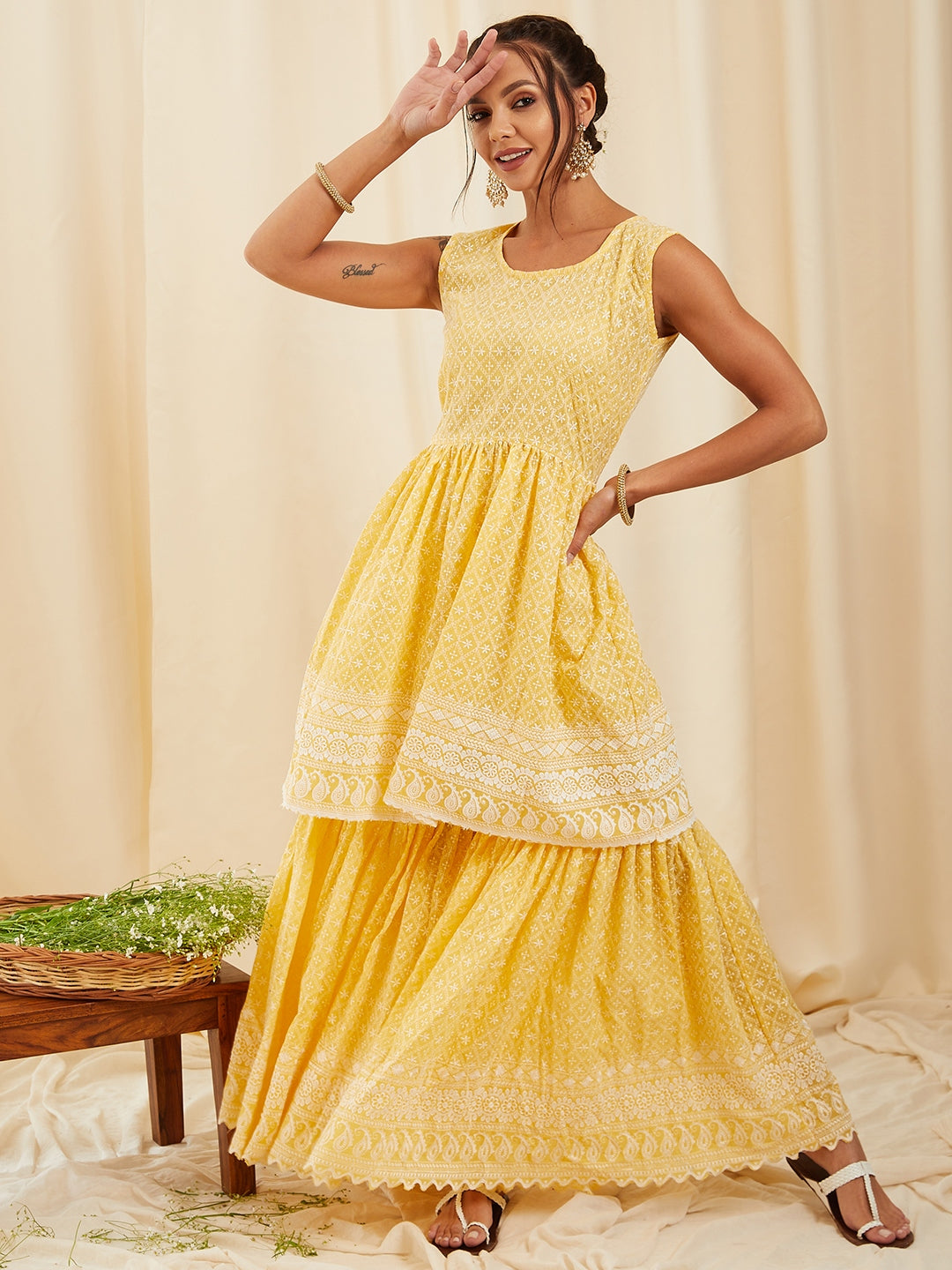 Yellow Lace Work Kurta Sharara Set