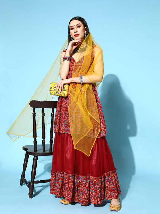 Maroon Bandhani Net Sharara Set with Dupatta