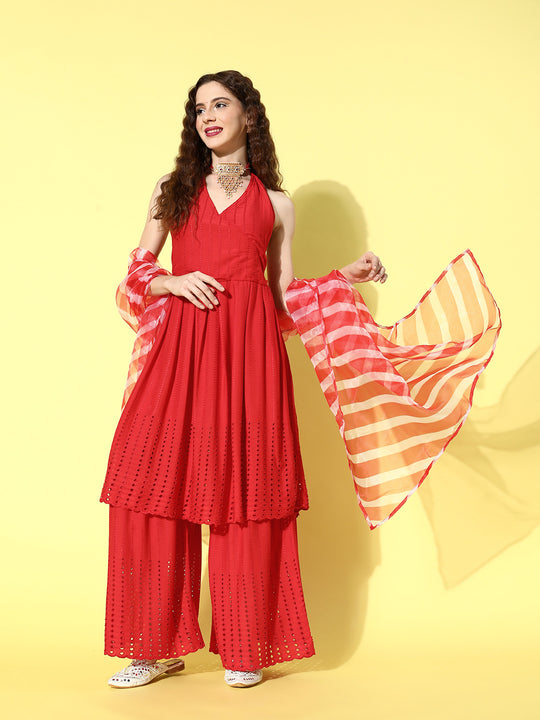 Red Lace Work Backless Kurta Sharara Set With Lehariya Dupatta