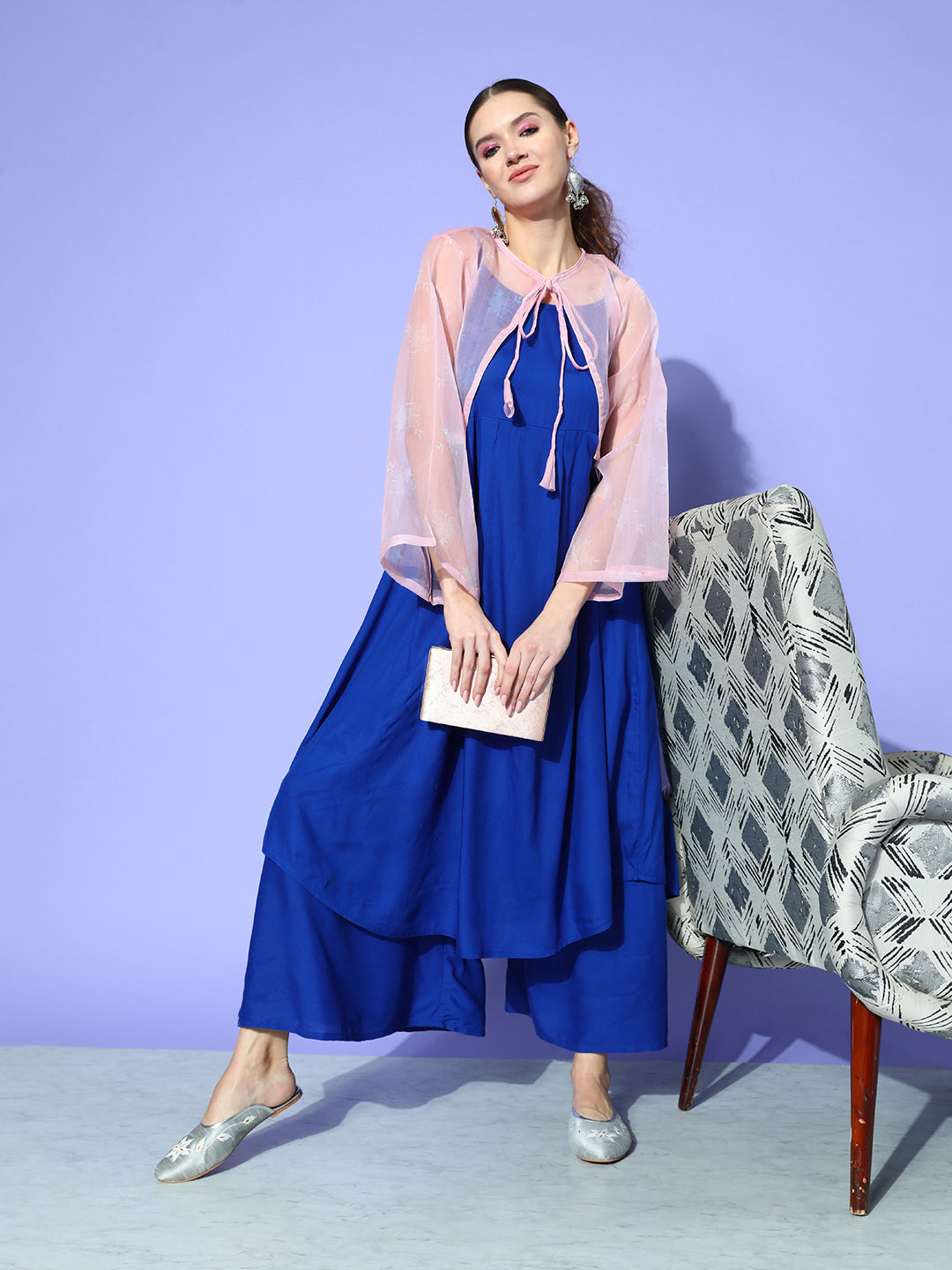 INK BLUE STRAPPY SET WITH PINK CHINTZ PRINT SHORT ORGANZA CAPE