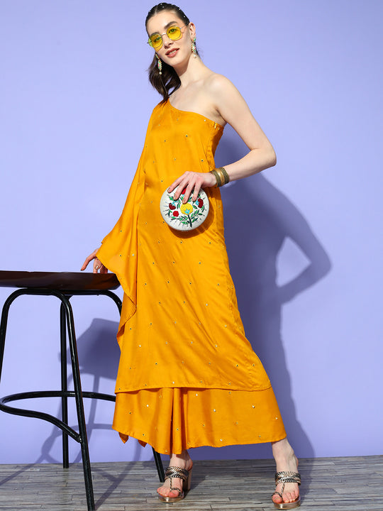 Mustard Mirror Work One Shoulder Kurta Set
