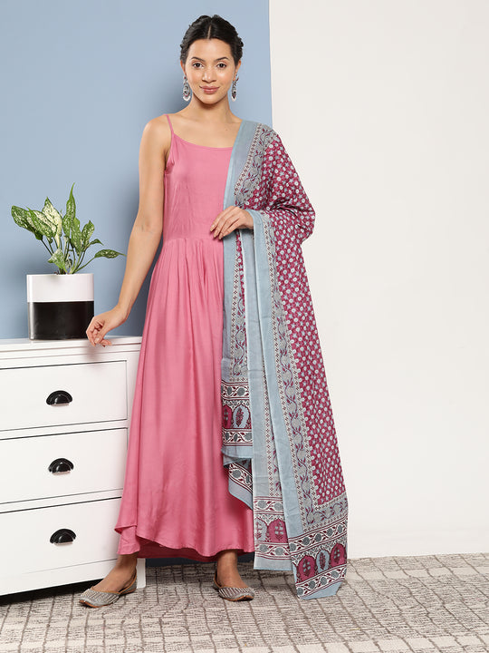Light Pink Ray Strappy Set With Pink Print  Cotton Dupatta