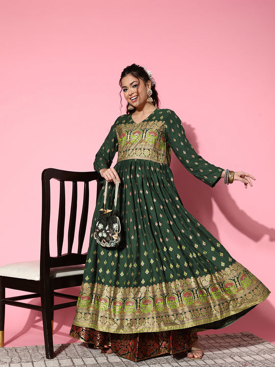 Bottle Green Gold Border Anarkali Kurta