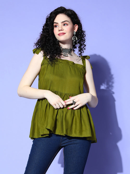 Olive Shoulder Tie-Up Top