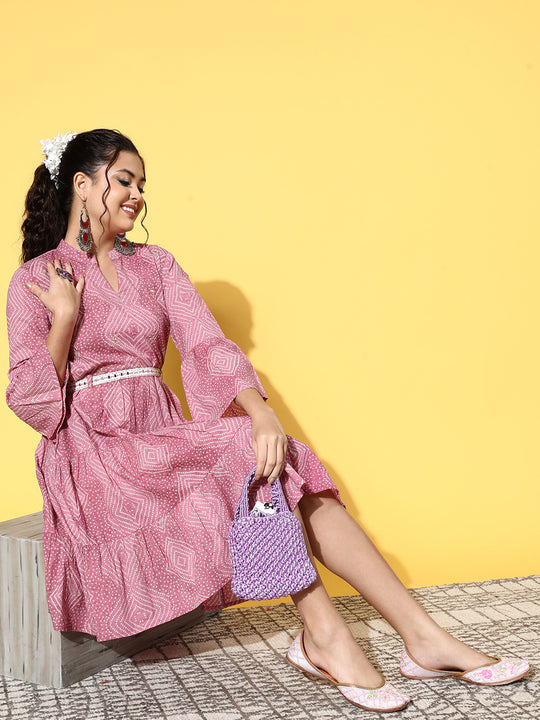 Pruple Bandhani Belted Dress