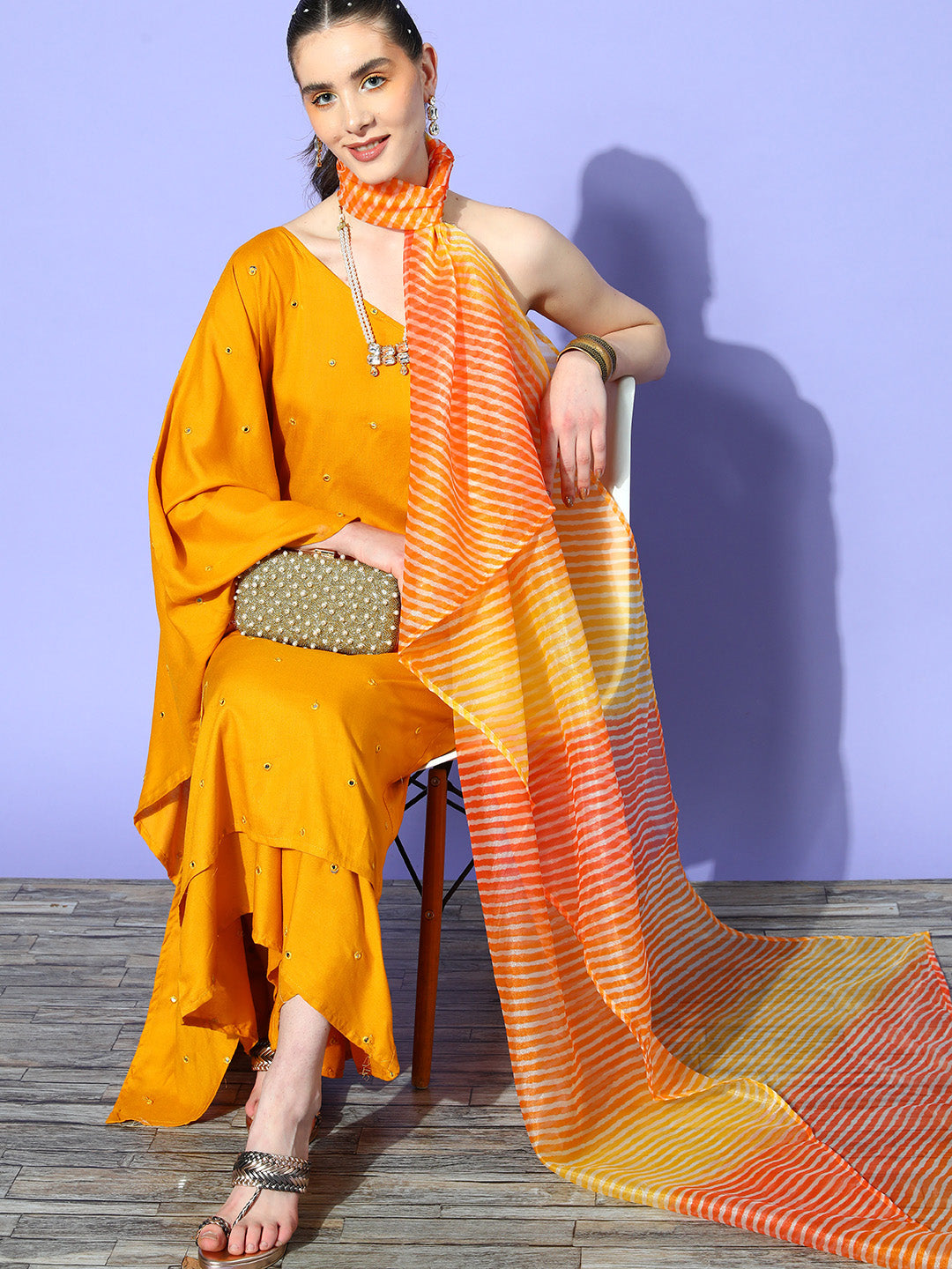 Mustard Mirror Work One Shoulder Kurta Set With Dupatta