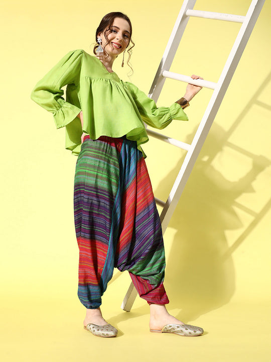 Green Top With Multi Clr Harem Set