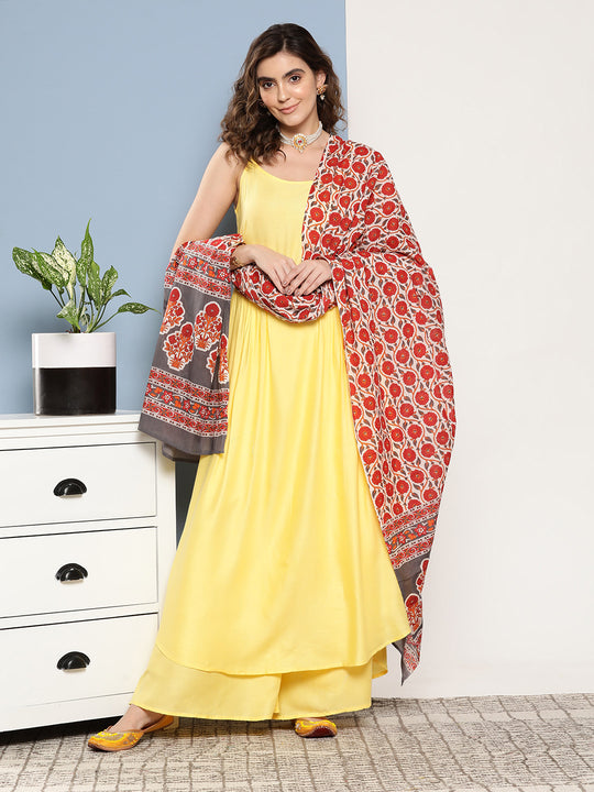 Light Yellow Ray Strappy Set With Orange Floral Cotton Dupatta
